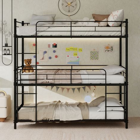 Lit superposé 3 places en acier renforcé, avec échelle fixe et barrière de sécurité continue, ancré au sol pour enfants/adolescents/adultes, chambre/dortoir, sans sommier requis, assemblage simple