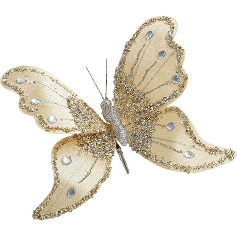 Bruchsicherer Schmetterling als Weihnachtsdekoration, 25 cm, glitzerndes Samtflügeldesign, für drinnen und draußen, Weihnachtsfeier, Gold (1/5)