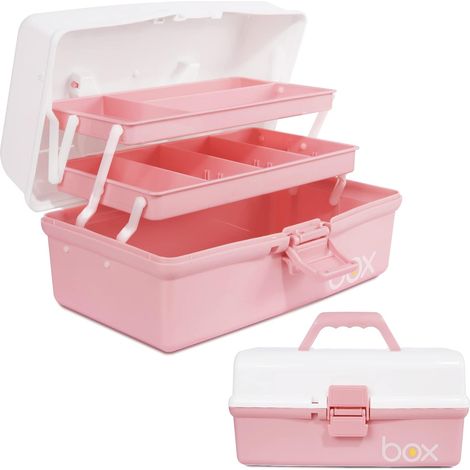 Boîte de rangement multifonction à trois couches-Boîte à outils pliable pour loisirs créatifs, fournitures de couture, boîte à médicaments, boîte de premiers secours familiale avec 2 plateaux (1/5)