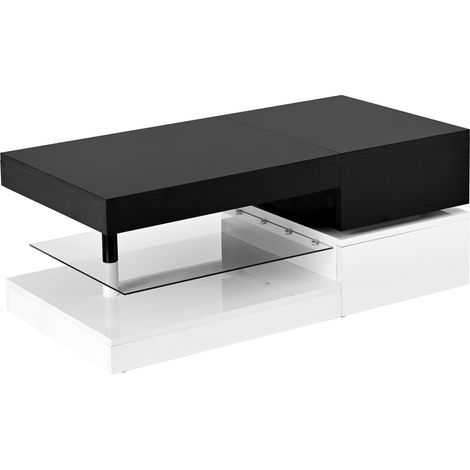 Table basse moderne LED avec commande APP et Bluetooth, surface en verre haute brillance, 90 x 45 x 35,5 cm, noir et blanc (1/5)