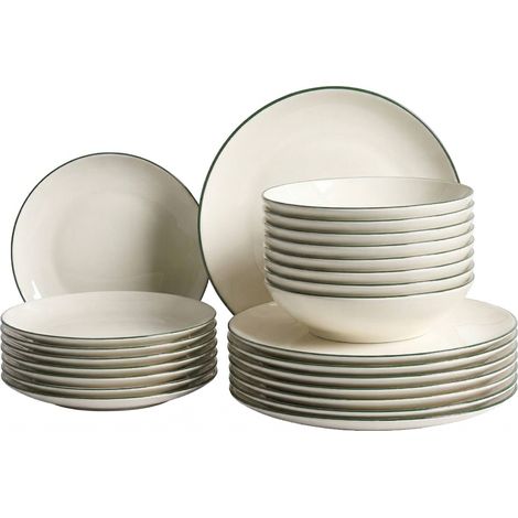 Vajilla de 24 piezas de porcelana acabado esmaltado transparente con borde decorativo ribete blanco crema y verde Cumin