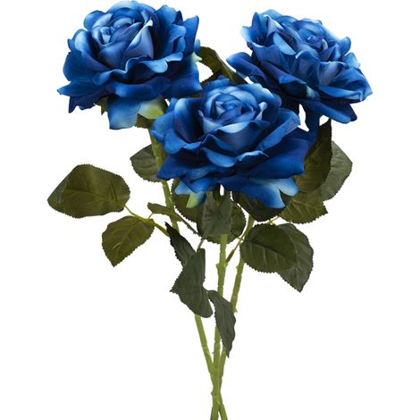 3 Rose artificiali in tessuto con foglie realistiche - Fiori finti a gambo lungo - Rose Blu (1/5)