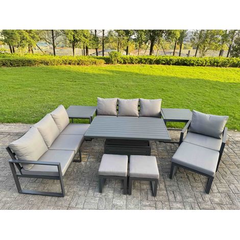 Fimous Garden Aluminium Furniture Set Dark Grey 10 Seater Outdoor Patio Adjustable Rising Lifting Dining Table with 3 Footstools 2 Side Tables Dark Grey (1/5)
