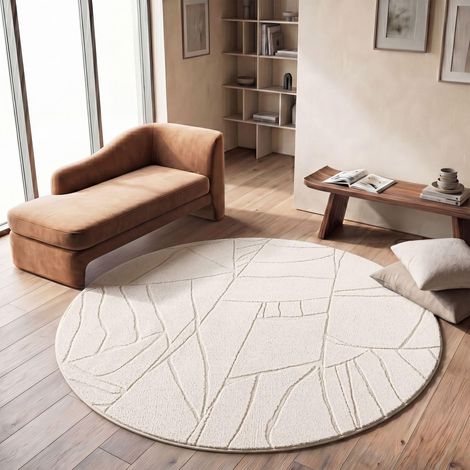 Shaggy Tapis Chambre Haut Poil Bohème Scandi Abstrait Unis Lavable Geometrique, Crème 4, 160 cm Rond (1/5)