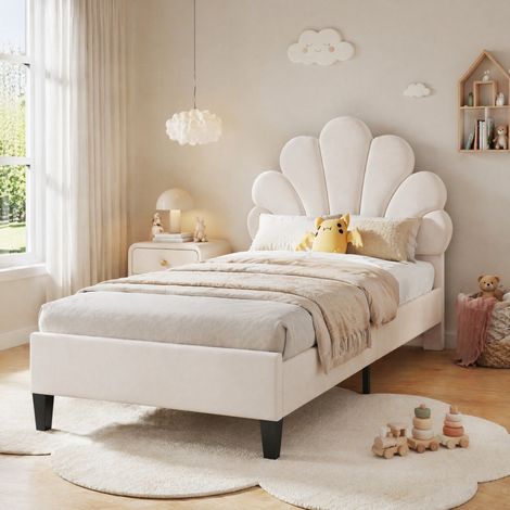 MODFU – Letto per bambini 90x200 cm in MDF e pannelli con testiera a fiore, velluto beige, 12 doghe e portata 200 kg – Beige (1/5)