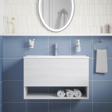 Meuble de salle de bain suspendu 80 cm blanc effet bois avec un tiroir, un compartiment ouvert et un lavabo inclus Mod. Sauris