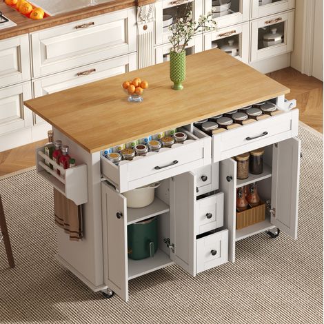 MEUBLIV carrito de cocina 140 x 65 x 89 cm blanco y natural – encimera extensible (1/5)