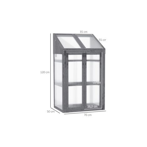 Mini serre grise en bois avec housse transparente, fenêtre, double porte et 3 étagères pour jardin, balcon et terrasse (1/5)
