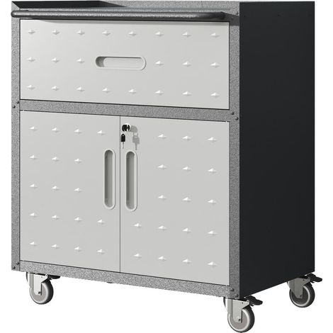 Servante d'Atelier sur Roulettes Armoire Outils Métallique 1 Tiroir 2 Portes Verrouillables 75x42x88cm Garage (1/5)