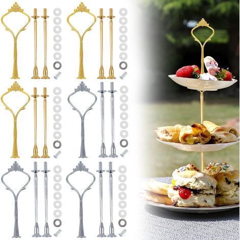 Lot de 6 barres d'étagères vintage Kit de montage Présentoir à étages Trou central 2 à 3 étages Argent Pour tarte cupcakes macarons donut et fruits (plaque non incluse) (1/5)