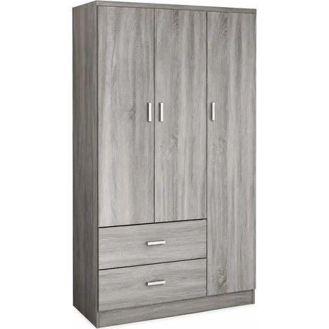 Armario Atena 90 x 42 x 180 cm en roble gris con tres puertas y dos cajones