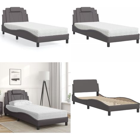 Bett mit Matratze Grau 90x200 cm Kunstleder - Schlafzimmermöbel - Bettgestell - Doppelbett - Boxspringbett - Kunstlederbett - Home & Living (1/5)