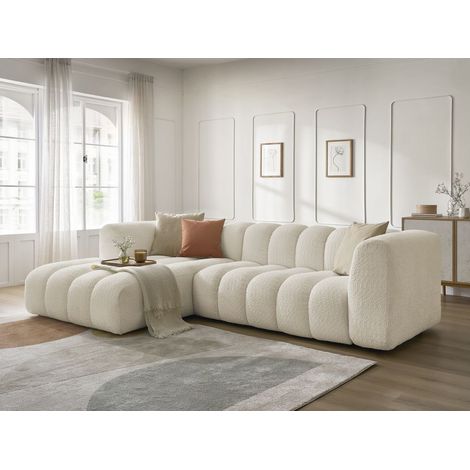 Bobochic – Canapé d'angle fixe 3 places en tissu bouclette – Longueur 288cm – Style moderne – Couleur beige – Assise capitonnée confortable (1/5)