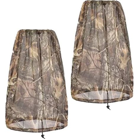 Moustiquaire de tête camouflage - Lot de 2 pièces - 60 cm de long - 35 cm de diamètre - Cordons de serrage ajustables (1/4)