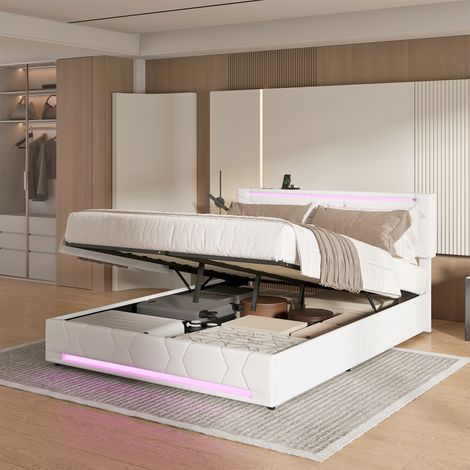 Lit double 140x200cm, lit 140x200 avec rangement, Sommier Inclus, lit coffre avec port USB et LED, Chambre moderne, Beige, lin