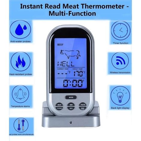 Thermomètre de Cuisson Numérique Sans Fil INOX 120 cm 0°C à 250°C Sonde Alimentaire Barbecue Four (1/4)