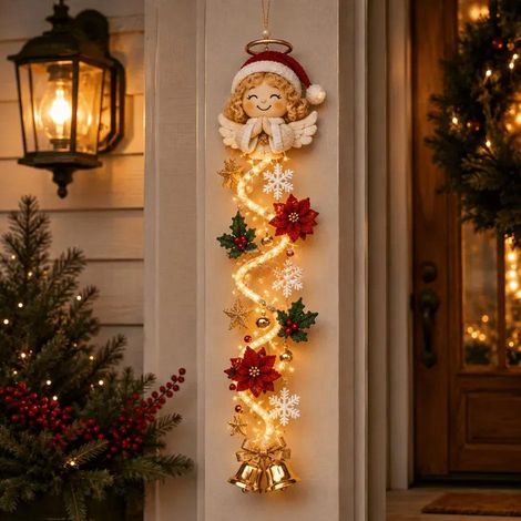 Décoration de porte de Noël en 3D représentant un ange lumineux, en couleur