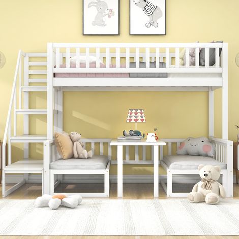 Litera 90/200 cm y 120/200 cm blanca con mesa ajustable y sofás de madera (1/5)