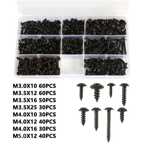 340PCS Assortiment de Vis Autotaraudeuse M3 M3.5 M4 M4.8 Vis à Tole Noire Cylindrique Vis Autoperceuse Vis Autoforeuse Noir de Bonne Qualité Durable Plaqué au Zinc avec Boîte Plastique Pratique (1/5)
