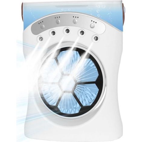 Mini climatiseur refroidisseur d'air mobile avec fonction 3 en 1 : refroidissement, humidification et veilleuse 3 niveaux de vent Réservoir d'eau 550 ml Orientable à 180° Lumière COB et lumière (1/5)