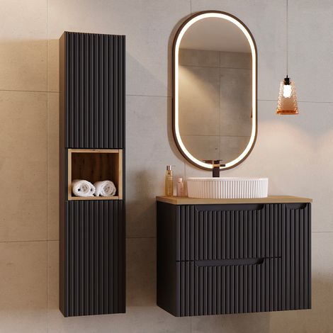Conjunto mueble simple vasque 80cm 2 cajones 1 puerta y columna Riva Negro y Madera (1/5)