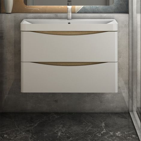 Floating Bathroom Wall Basin Cabinet Sink Unit - 800mm Matt White+Oak Flat Pack