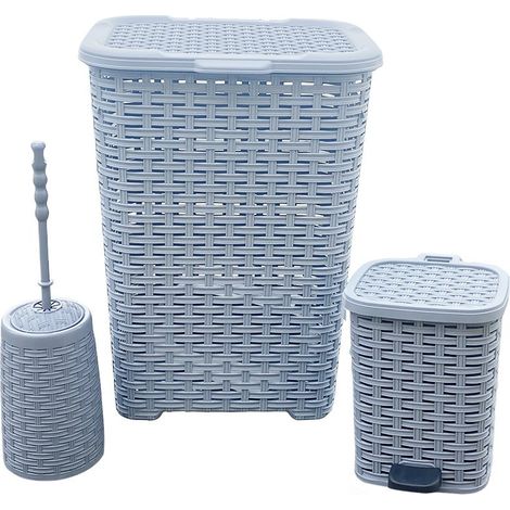 Ensemble 3pcs Accessoires De Bain Rattan 304643 Panier Linge Poubelle Poubelle (1/5)