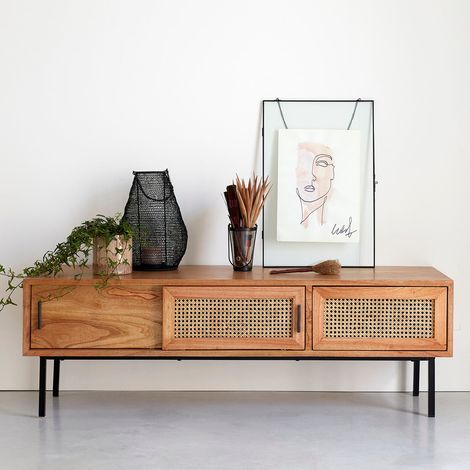 Meuble TV en mindi massif et cannage 140 cm (1/4)