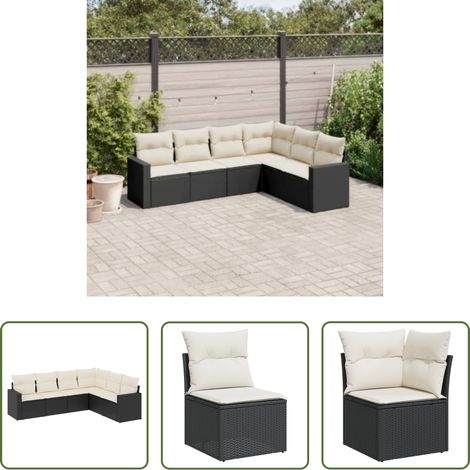 Canapé extérieur -  Salon de jardin 6 pcs avec coussins noir résine tressée (1/5)