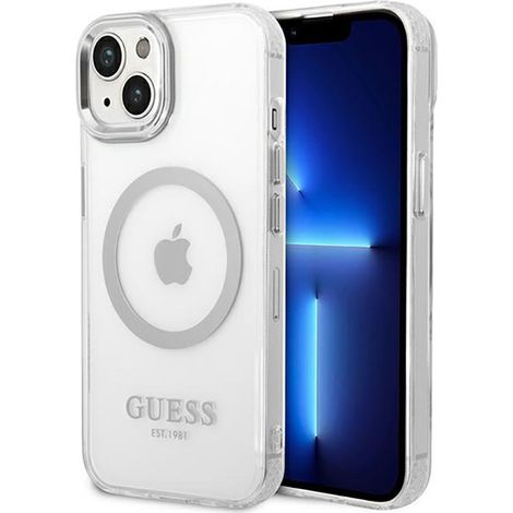 Guess Metal Outline MagSafe - Custodia per iPhone 14 (Trasparente/Argento) (1/5)