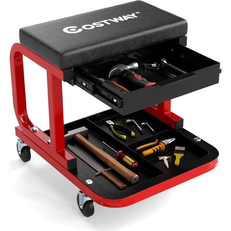 COSTWAY Sgabello da Officina con Ruote, Sedia Meccanico Imbottita con Cassetto e Vassoio Portautensili, capacità di 185 kg, per Riparazione Auto, per Garage e Officina (Nero) (1/5)