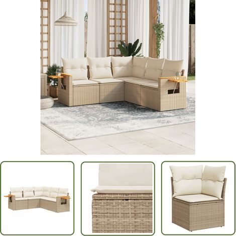 The Living Store 5-tlg. Garten-Sofagarnitur mit Kissen Beige Poly Rattan - Gartensofas - Gartenmöbelset - PE-Rattan Möbel - Outdoor Lounge Set - Balkonmöbel (1/5)