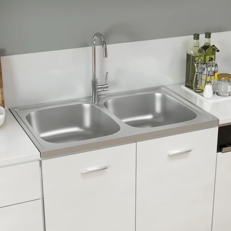 Évier de cuisine à double lavabo,Évier 2 Bacs,Vasque pour cuisine argenté 800x500x155 mm inox MEMV960769 (1/5)