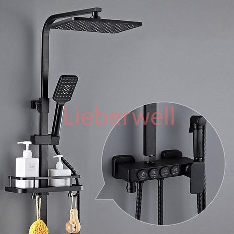 Système de douche de salle de bain numérique chaud/froid de luxe avec robinet thermostatique en laiton doré et commande numérique piano, ensemble de pommeaux de douche effet pluie (1/5)