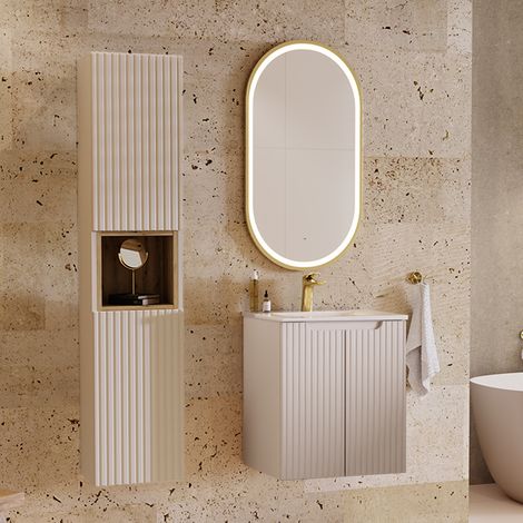 Conjunto de muebles con lavabo individual encastrado 50cm 2 puertas y columna Riva Cachemira y Madera