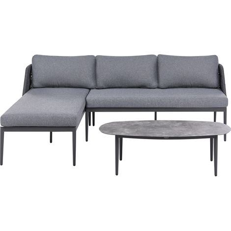 Conjunto de jardín elegante de 3 plazas con sofá esquinero derecho y mesa de centro muebles de exterior de tela estructura de aluminio gris Leffe