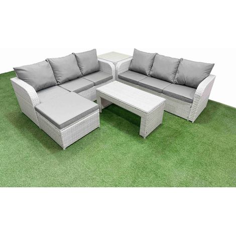 Fimous Outdoor Garden Furniture Sets 7 Seater Wicker Rattan Furniture Sofa Sets with Oblong Coffee Table high Back Lounge Sofa Big Footstool Side Table Light Grey (1/4)