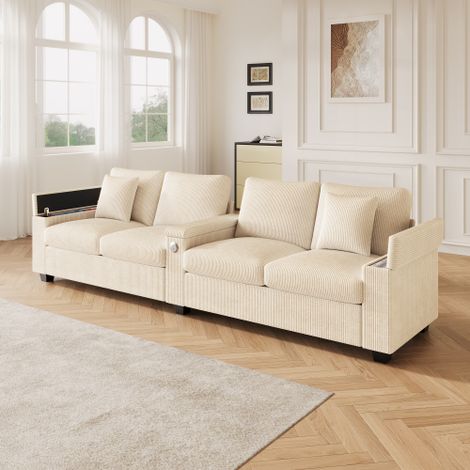 Divano moderno a 4 posti - con bracciolo centrale pieghevole - con porte di ricarica USB/USB-C - Velluto a coste - Beige