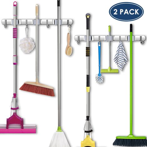 Porte-balai en acier inoxydable pour la cuisine, avec3Un clip et4Un crochet, gris.2Emballage individuel