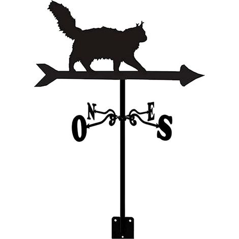 Veleta metálica con silueta de gato de pelo largo: indicador meteorológico decorativo para jardín，tejado y exteriores，color negro