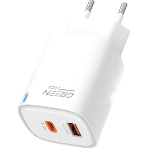 Carregador Rápido PD 33W - Portas USB-C e USB-A, Branco (Power Delivery)