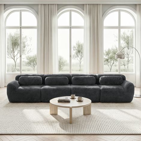 Sofá modular 4 plazas de peluche gris, sin estructura con base antideslizante