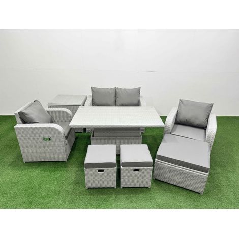 Fimous Light Grey PE Wicker Rattan Garden Furniture Set Sofa Set Reclining Chair Adjustable Lifting Dining or Coffee Table 7 Seater 3 Stools Side Table (1/5)