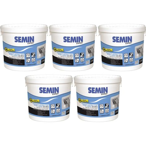 Lot de 5 enduits extra fin Semin - lissage type gras, sans solvants - séchage rapide - intérieur/extérieur - seau de 1,5 kg