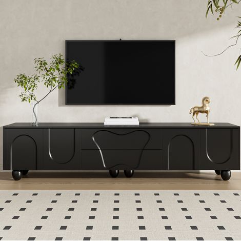 TV-Schrank aus PB/Spanplatte, Schwarz, 180 x 40 x 42 cm, mit Schubladen, Fächern und Massivholzbeinen (1/5)
