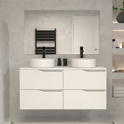 Meuble de salle de bain 120 avec plateau et 2 vasques à poser - 4 tiroirs - blanc - LUNA (1/5)