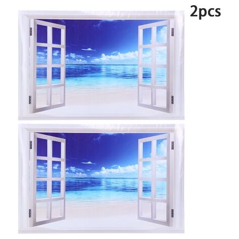 Vinilo decorativo de pared único con diseño de mar azul y ventana, 2 piezas, decoración para puerta y ventana del hogar. (1/5)
