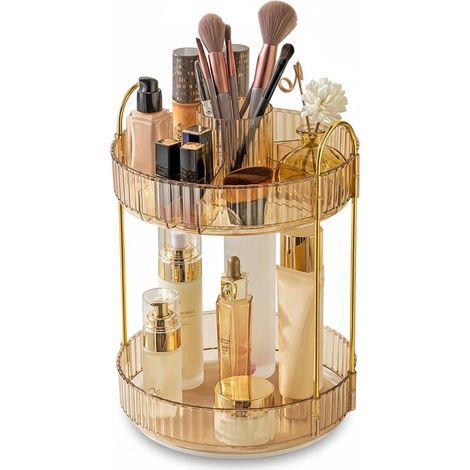 Cosmetic Organizer: 2-Tier Cosmetic and Perfume Holder, 360° Rotating, Container for Toiletries, Pen Holder, Lipsticks, Comb, Dressing Table (Amber-A) (1/5)