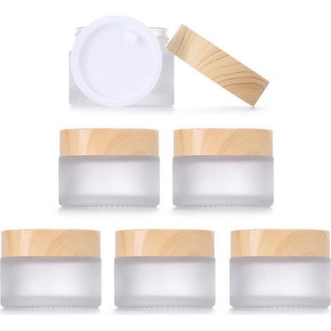 Lot de 6 bocaux en verre de 30 ml avec couvercles en bois, verre transparent mat, verre de haute qualité, résistants à l'humidité (1/5)