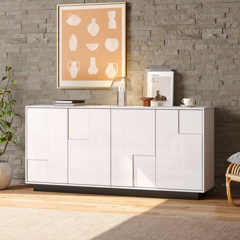 Sideboard mit 4 geometrischen Türen, Hochglanzlackierung, weiß-schwarzes Holz, 160 x 37 x 75,5 cm (1/5)
